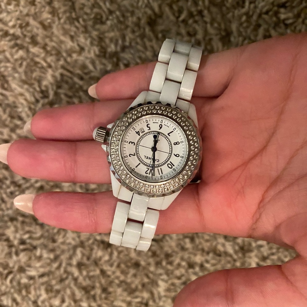 CHANEL White and Silver Watch with Sparkling Bezel